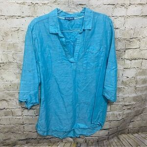 Fleur Bleve Blue Linen Cotton Roll Tab 3/4 Sleeve Casual Tunic Top
